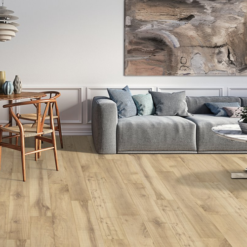 Living room with laminate flooring - Hartwick-Beigewood Maple
